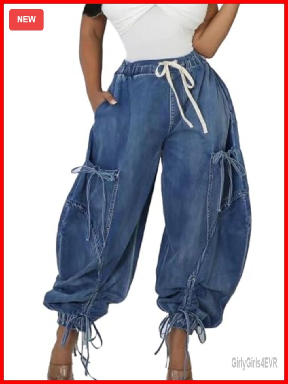 Drawstring Ankle Tie Cargo Parachute Jeans High Rise Baggy Barrel Y2K Women's